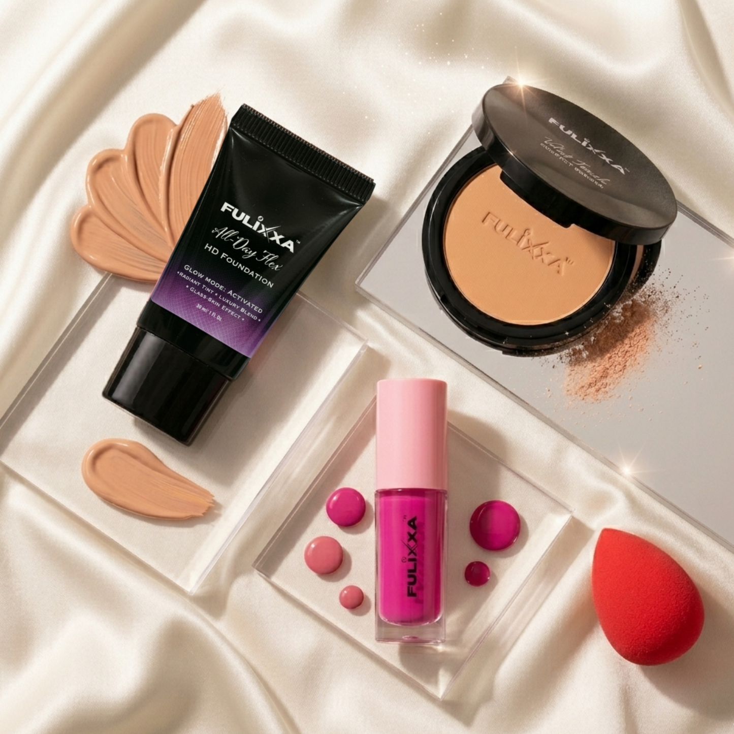 Fulixxa makeup combo featuring compact powder blush liquid foundation and soft sponge applicator