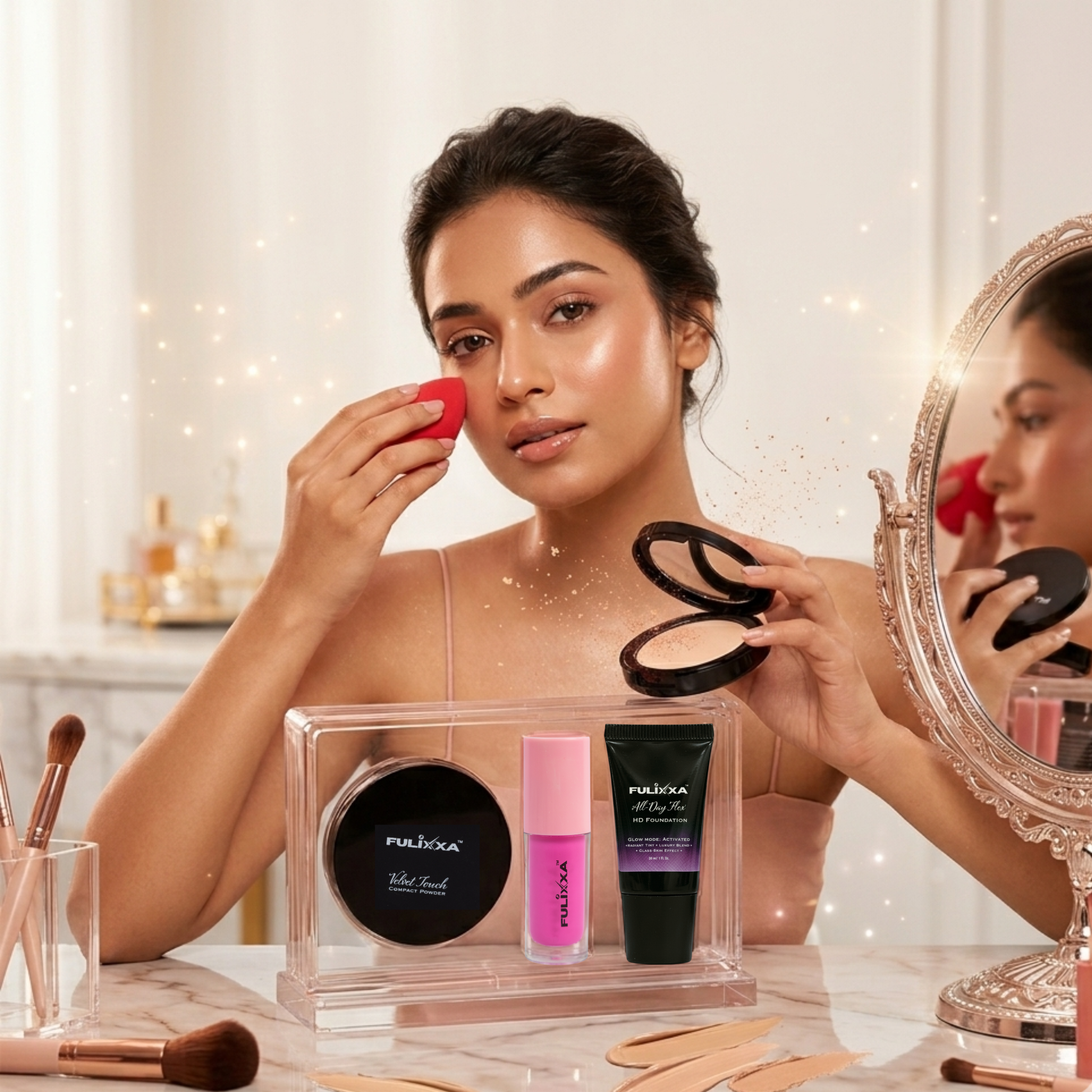 Fulixxa face makeup essentials kit with foundation compact blush and beauty blender sponge